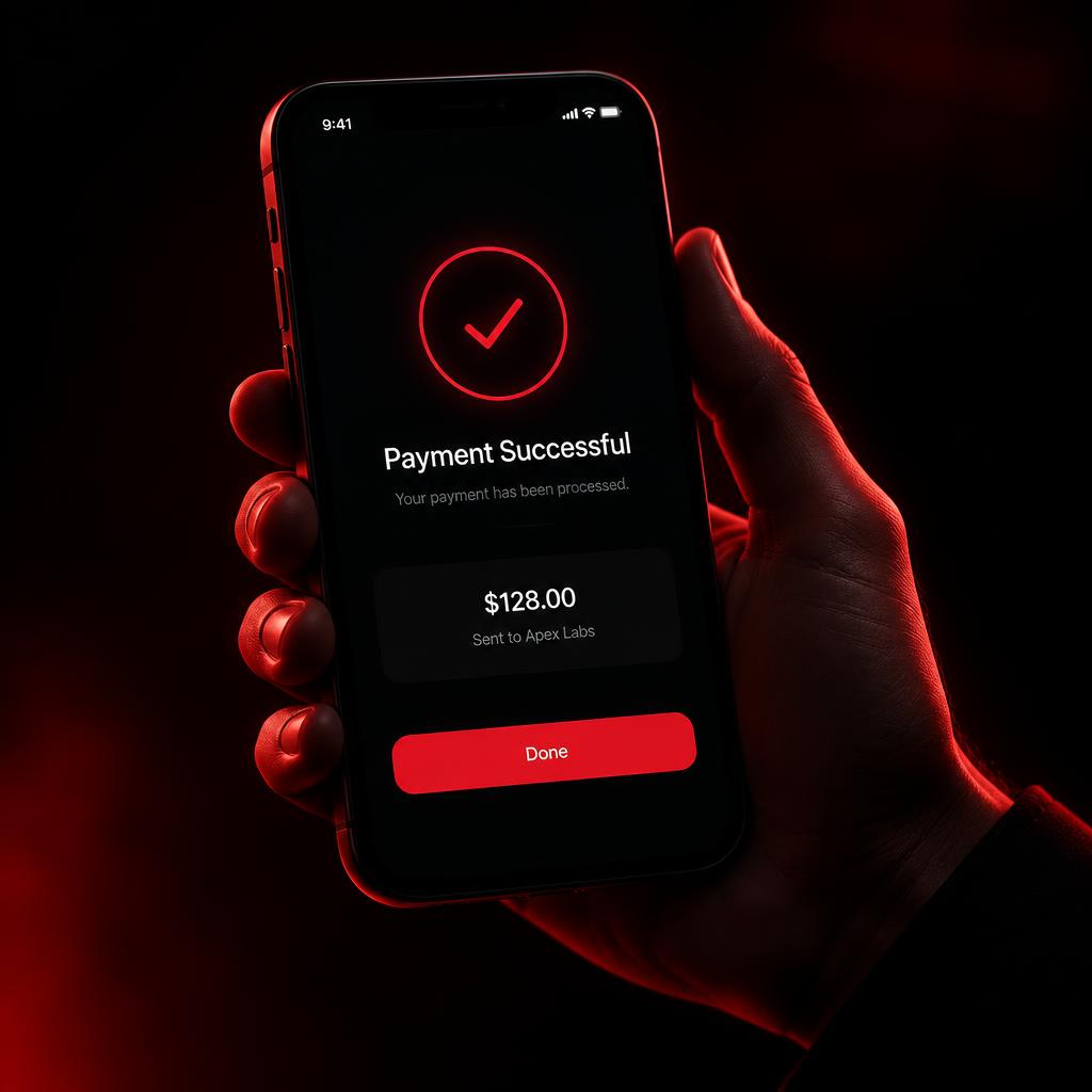 A hand holding an iPhone showing a completed payment